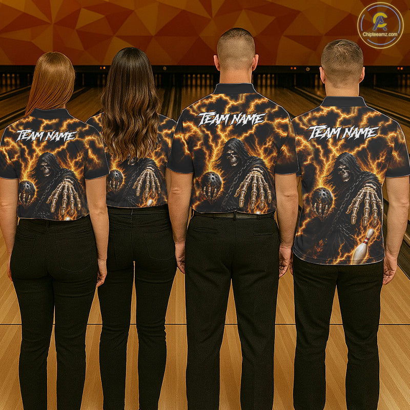 Bowling team wearing matching custom yellow lightning Grim Reaper bowling team jerseys featuring premium Grim Reaper and lightning artwork, back view.