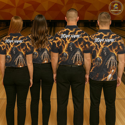 Bowling team wearing matching custom yellow lightning Grim Reaper bowling team jerseys featuring premium Grim Reaper and lightning artwork, back view.
