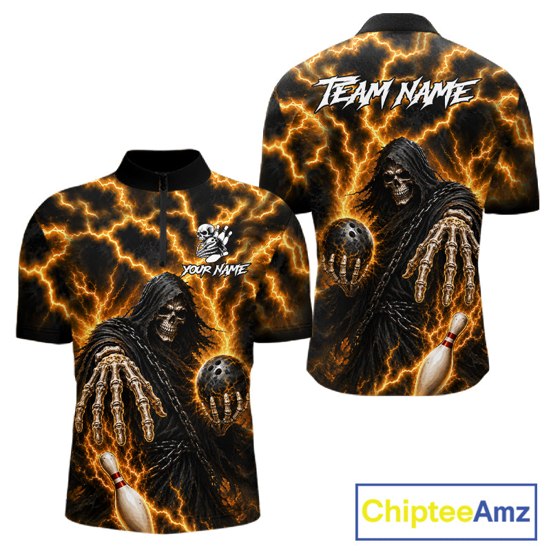 Custom yellow lightning Grim Reaper bowling team jersey quarter zip shirt for men featuring bold Grim Reaper and yellow lightning graphics, premium custom bowling league apparel.