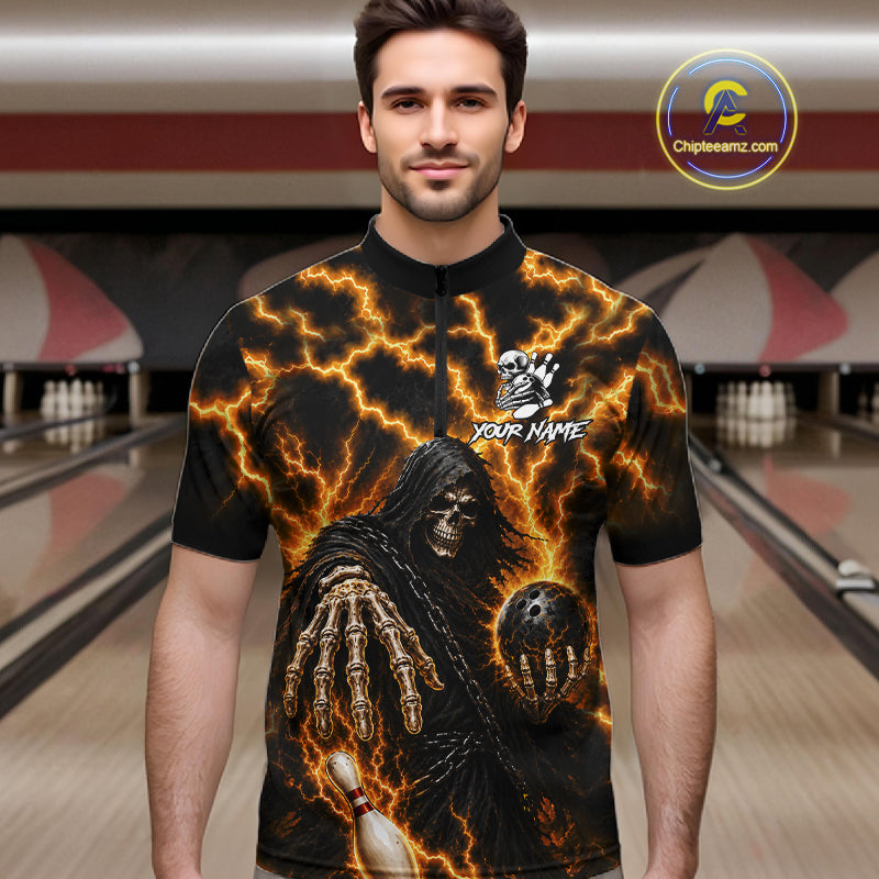Man wearing custom yellow lightning Grim Reaper bowling team jersey quarter zip shirt featuring yellow lightning Grim Reaper artwork, front view.