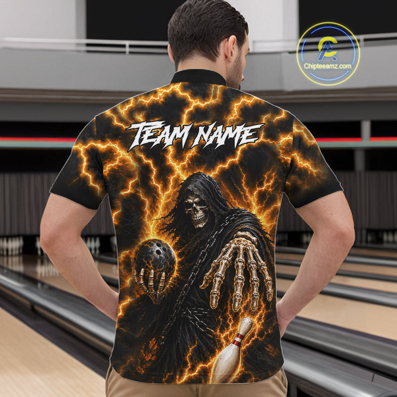 Man wearing custom yellow lightning Grim Reaper bowling team jersey quarter zip shirt featuring yellow lightning Grim Reaper artwork, back view.