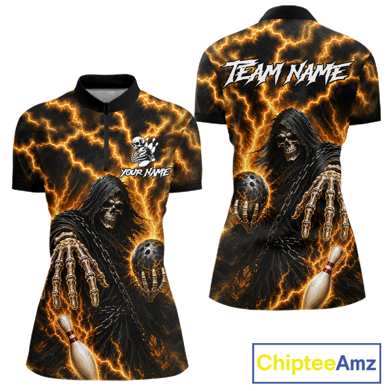 Custom yellow lightning Grim Reaper bowling team jersey quarter zip shirt for women featuring bold Grim Reaper and yellow lightning graphics, premium custom bowling league apparel.