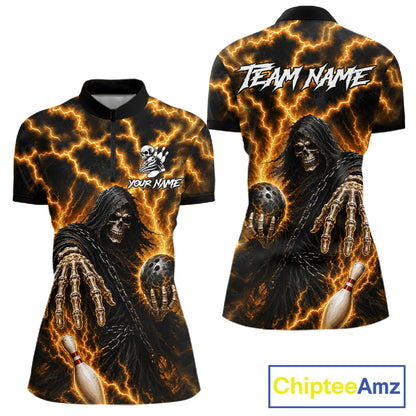 Custom yellow lightning Grim Reaper bowling team jersey quarter zip shirt for women featuring bold Grim Reaper and yellow lightning graphics, premium custom bowling league apparel.