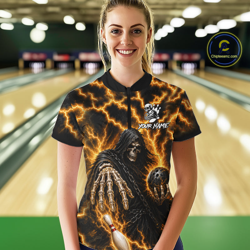 Woman wearing custom yellow lightning Grim Reaper bowling team jersey polo shirt featuring yellow lightning Grim Reaper artwork, back view.