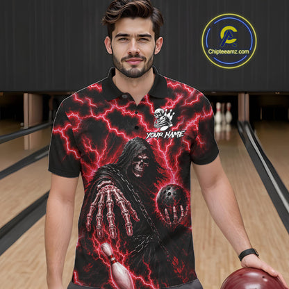 Man wearing custom red lightning Grim Reaper bowling league team jersey polo shirt featuring red lightning Grim Reaper artwork, front view.