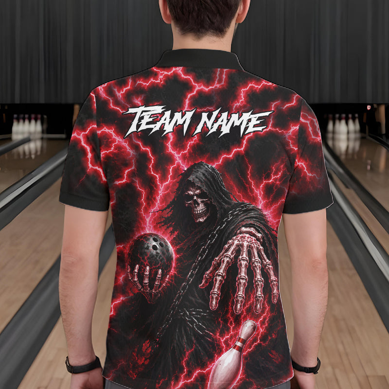 Man wearing custom red lightning Grim Reaper bowling league team jersey polo shirt featuring red lightning Grim Reaper artwork, back view.