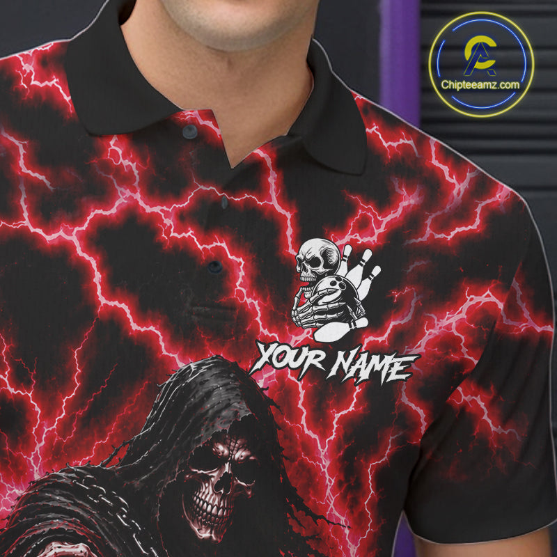 Close-up of the custom red lightning Grim Reaper bowling league team jersey polo shirt showing the collar, buttons, premium performance fabric and detailed Grim Reaper graphics.