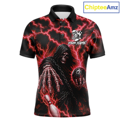 Custom red lightning Grim Reaper bowling league team jersey polo shirt for men featuring a fierce Grim Reaper with red lightning artwork, premium bowling apparel for tournaments, league nights and competitive bowling teams.