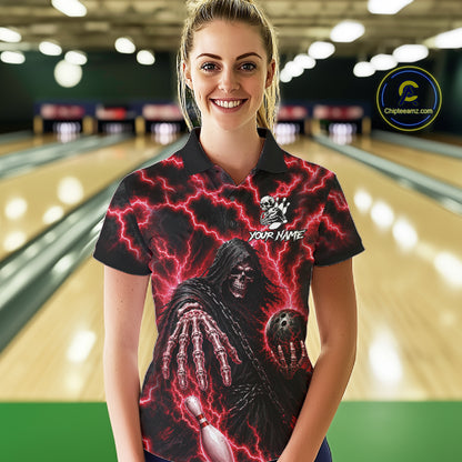 Woman wearing custom red lightning Grim Reaper bowling league team jersey polo shirt featuring red lightning Grim Reaper artwork, front view.