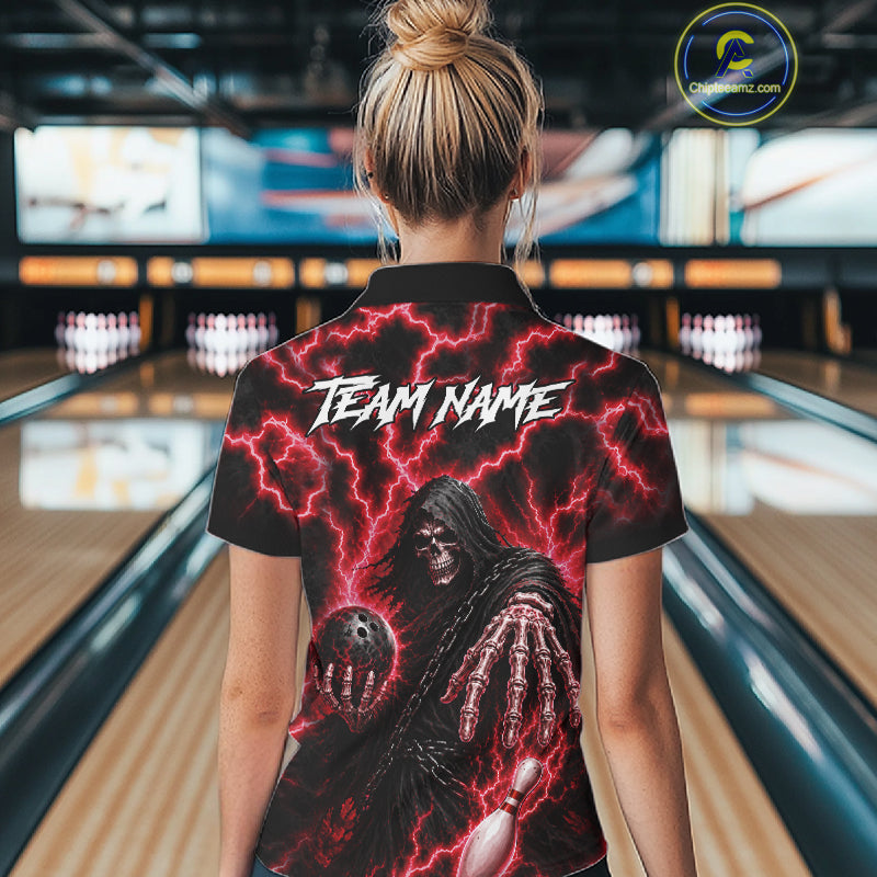 Woman wearing custom red lightning Grim Reaper bowling league team jersey quarter zip shirt featuring red lightning Grim Reaper artwork, front view.