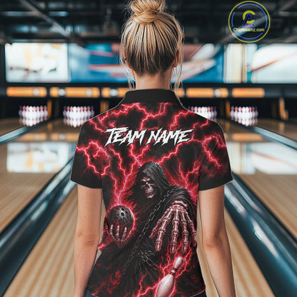 Woman wearing custom red lightning Grim Reaper bowling league team jersey quarter zip shirt featuring red lightning Grim Reaper artwork, front view.