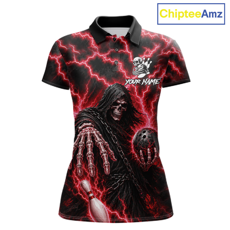 Custom red lightning Grim Reaper bowling league team jersey polo shirt for women featuring a fierce Grim Reaper with red lightning artwork, premium custom bowling league apparel for tournaments, league nights and competitive bowling teams.