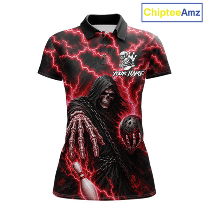 Custom red lightning Grim Reaper bowling league team jersey polo shirt for women featuring a fierce Grim Reaper with red lightning artwork, premium custom bowling league apparel for tournaments, league nights and competitive bowling teams.