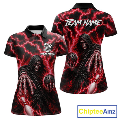 Custom red lightning Grim Reaper bowling league team jersey polo shirt for women featuring a fierce Grim Reaper with red lightning artwork, premium custom bowling league apparel for tournaments, league nights and competitive bowling teams.