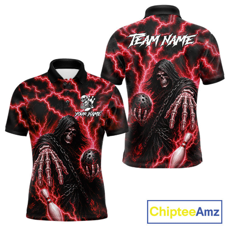 Custom red lightning Grim Reaper bowling league team jersey polo shirt for men featuring a fierce Grim Reaper with red lightning artwork, premium bowling apparel for tournaments, league nights and competitive bowling teams.