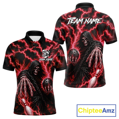Custom red lightning Grim Reaper bowling league team jersey polo shirt for men featuring a fierce Grim Reaper with red lightning artwork, premium bowling apparel for tournaments, league nights and competitive bowling teams.