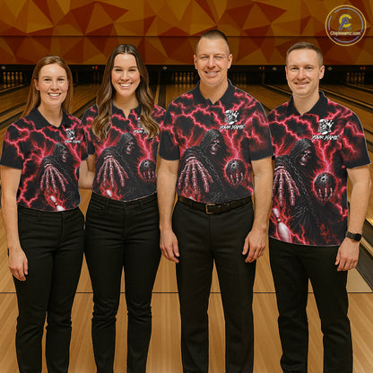 Bowling team wearing matching custom red lightning Grim Reaper bowling league team jerseys featuring premium Grim Reaper and lightning artwork, front view.