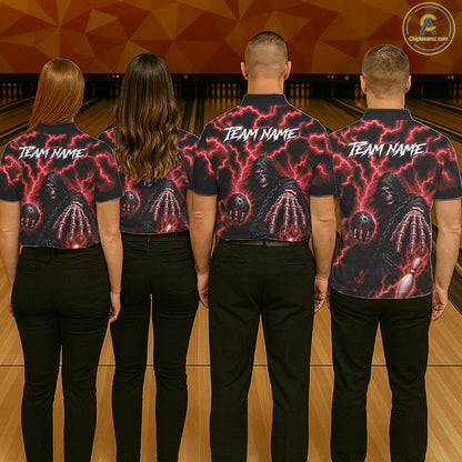 Bowling team wearing matching custom red lightning Grim Reaper bowling league team jerseys featuring premium Grim Reaper and lightning artwork, back view.