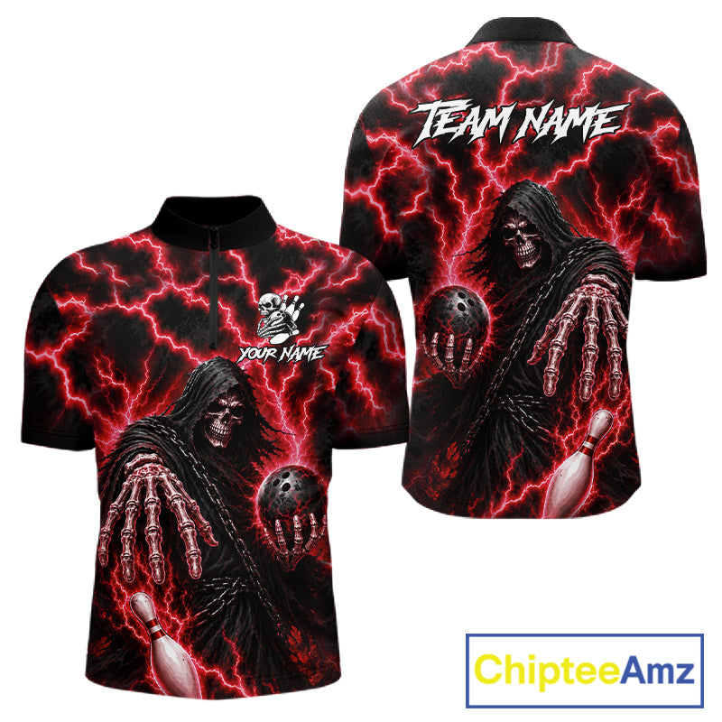 Custom red lightning Grim Reaper bowling league team jersey quarter zip shirt for men featuring striking Grim Reaper and red lightning graphics, premium custom bowling league apparel.