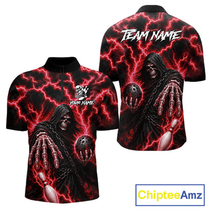 Custom red lightning Grim Reaper bowling league team jersey quarter zip shirt for men featuring striking Grim Reaper and red lightning graphics, premium custom bowling league apparel.