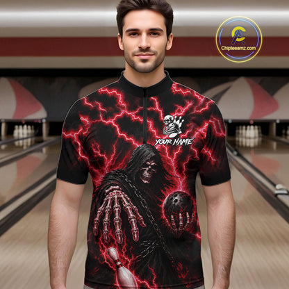 Man wearing custom red lightning Grim Reaper bowling league team jersey quarter zip shirt featuring red lightning Grim Reaper artwork, front view.