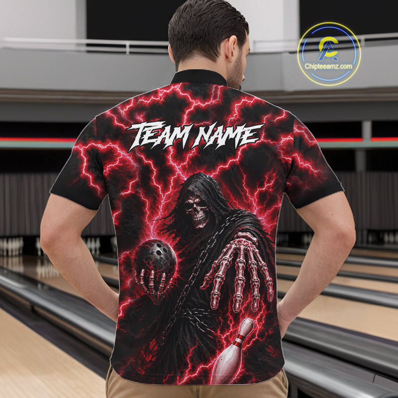 Man wearing custom red lightning Grim Reaper bowling league team jersey quarter zip shirt featuring red lightning Grim Reaper artwork, back view.