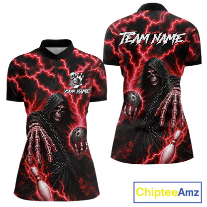 Custom red lightning Grim Reaper bowling league team jersey quarter zip shirt for women featuring striking Grim Reaper and red lightning graphics, premium custom bowling league apparel.