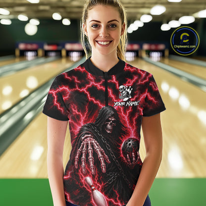 Woman wearing custom red lightning Grim Reaper bowling league team jersey polo shirt featuring red lightning Grim Reaper artwork, back view.