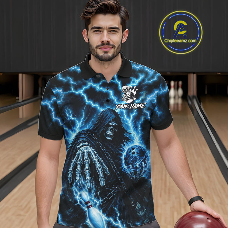 Man wearing custom blue lightning Grim Reaper bowling team jersey polo shirt featuring blue lightning Grim Reaper artwork, front view.