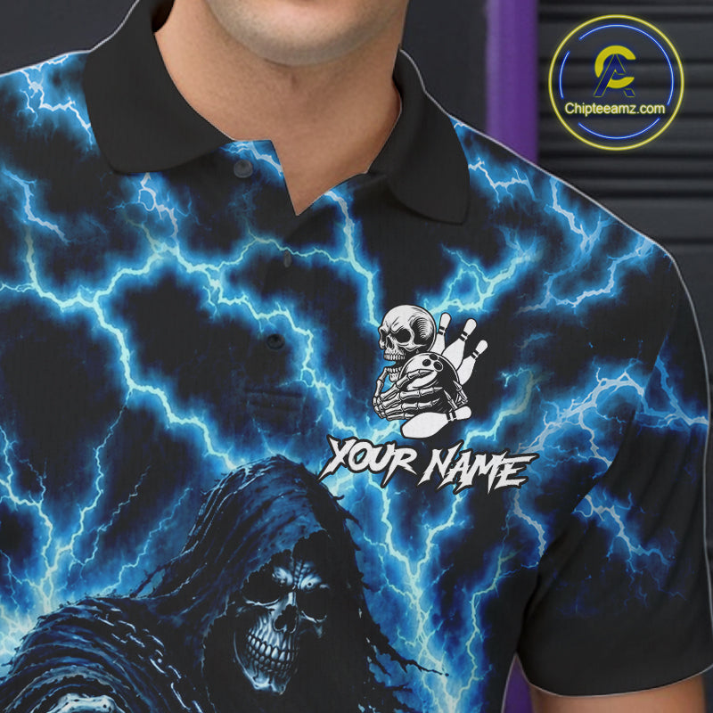 Close-up of the custom blue lightning Grim Reaper bowling team jersey polo shirt showing the collar, buttons, premium performance fabric and detailed Grim Reaper graphics.