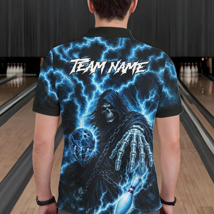 Man wearing custom blue lightning Grim Reaper bowling team jersey polo shirt featuring blue lightning Grim Reaper artwork, back view.