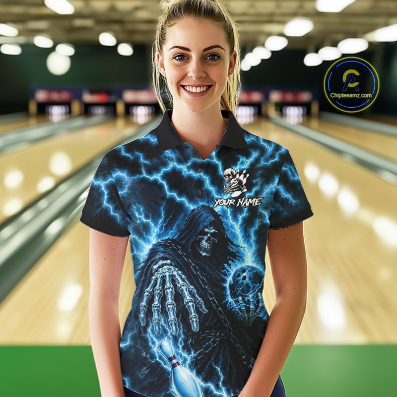 Woman wearing custom blue lightning Grim Reaper bowling team jersey polo shirt featuring blue lightning Grim Reaper artwork, front view.