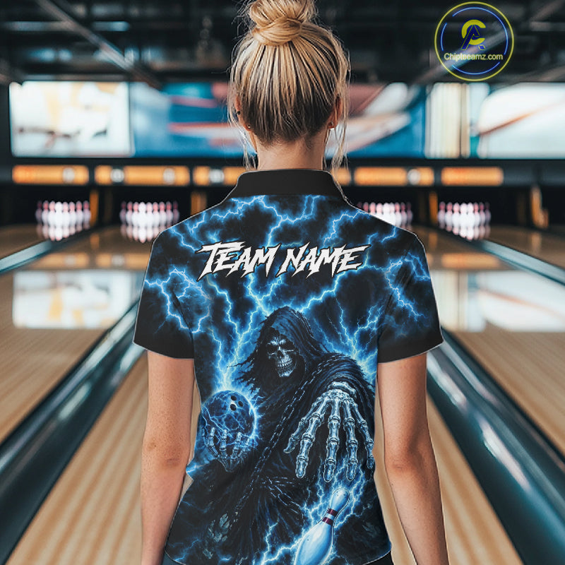 Woman wearing custom blue lightning Grim Reaper bowling team jersey quarter zip shirt featuring blue lightning Grim Reaper artwork, front view.