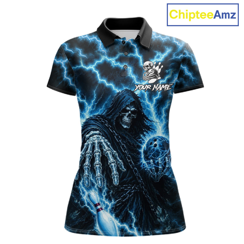 Custom blue lightning Grim Reaper bowling team jersey polo shirt for women featuring a fierce Grim Reaper with blue lightning artwork, premium custom bowling league apparel for tournaments, league play and competitive bowling teams.