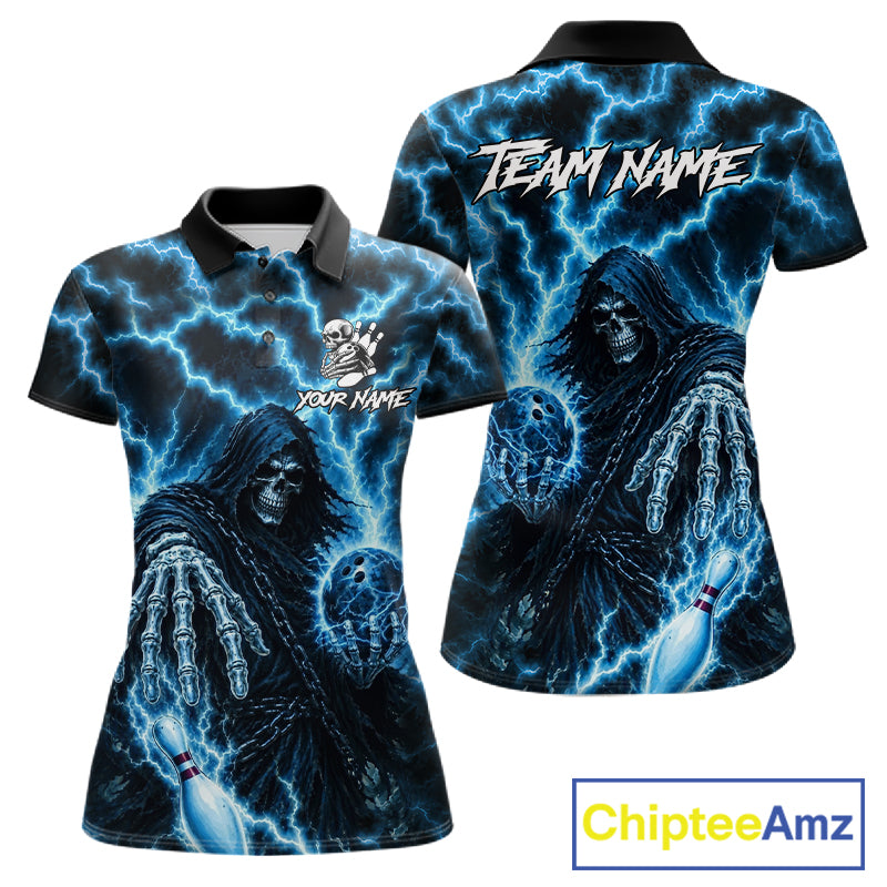 Custom blue lightning Grim Reaper bowling team jersey polo shirt for women featuring a fierce Grim Reaper with blue lightning artwork, premium custom bowling league apparel for tournaments, league play and competitive bowling teams.