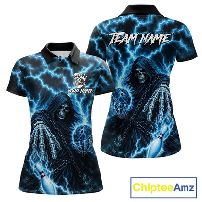 Custom blue lightning Grim Reaper bowling team jersey polo shirt for women featuring a fierce Grim Reaper with blue lightning artwork, premium custom bowling league apparel for tournaments, league play and competitive bowling teams.