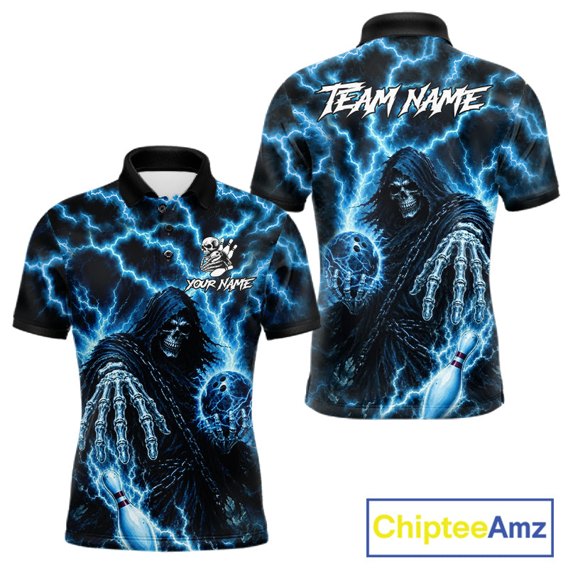 Custom blue lightning Grim Reaper bowling team jersey polo shirt for men featuring a fierce Grim Reaper with blue lightning artwork, premium bowling league apparel for tournaments, league play and competitive bowling teams.