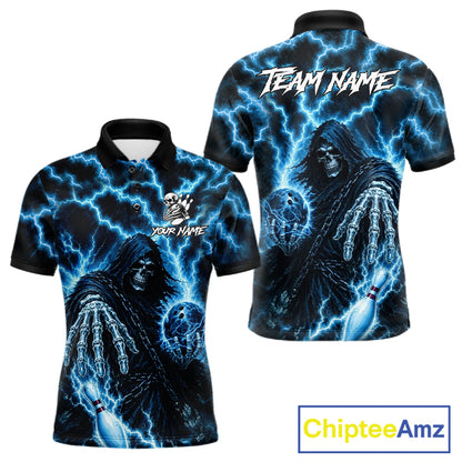 Custom blue lightning Grim Reaper bowling team jersey polo shirt for men featuring a fierce Grim Reaper with blue lightning artwork, premium bowling league apparel for tournaments, league play and competitive bowling teams.
