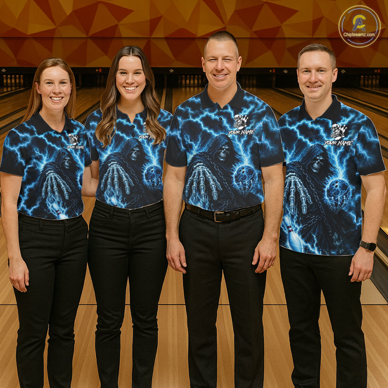 Bowling team wearing matching custom blue lightning Grim Reaper bowling team jerseys featuring premium Grim Reaper and lightning artwork, front view.