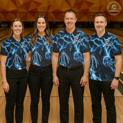 Bowling team wearing matching custom blue lightning Grim Reaper bowling team jerseys featuring premium Grim Reaper and lightning artwork, front view.