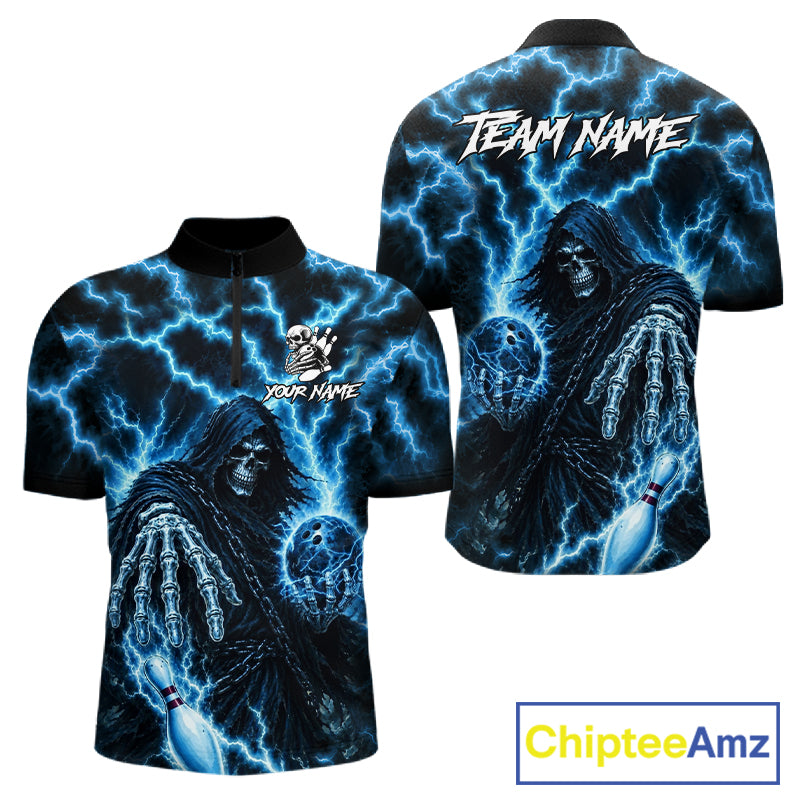 Custom blue lightning Grim Reaper bowling team jersey quarter zip shirt for men featuring bold Grim Reaper and blue lightning graphics, premium custom bowling league apparel.