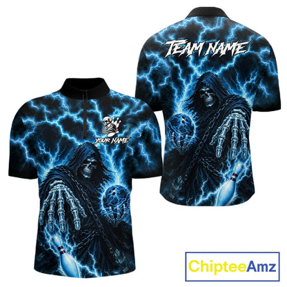 Custom blue lightning Grim Reaper bowling team jersey quarter zip shirt for men featuring bold Grim Reaper and blue lightning graphics, premium custom bowling league apparel.