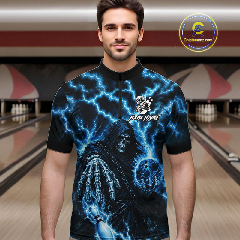Man wearing custom blue lightning Grim Reaper bowling team jersey quarter zip shirt featuring blue lightning Grim Reaper artwork, front view.
