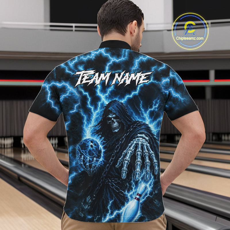 Man wearing custom blue lightning Grim Reaper bowling team jersey quarter zip shirt featuring blue lightning Grim Reaper artwork, back view.