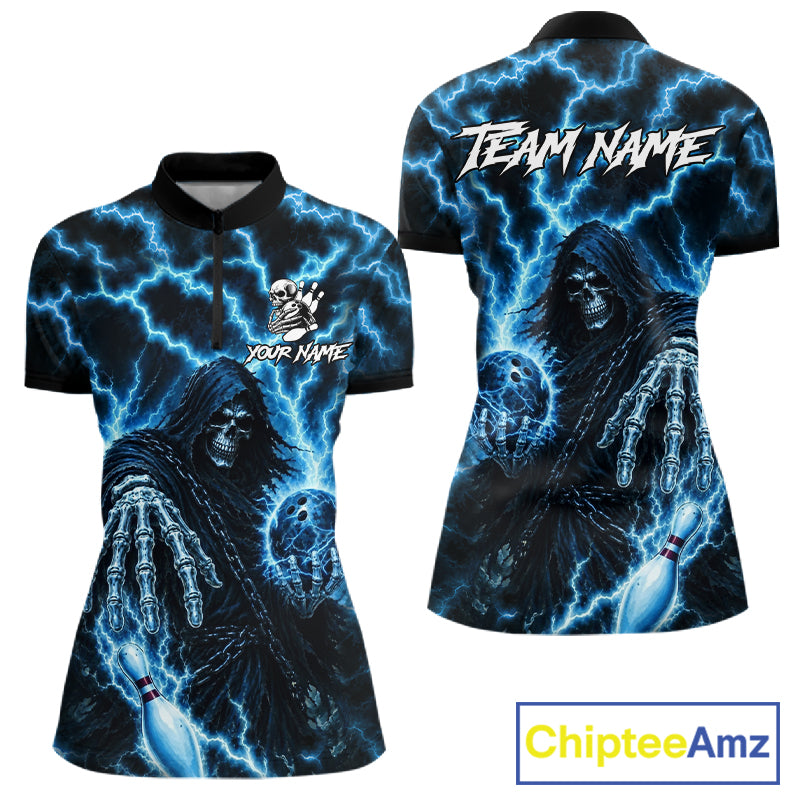 Custom blue lightning Grim Reaper bowling team jersey quarter zip shirt for women featuring bold Grim Reaper and blue lightning graphics, premium custom bowling league apparel.