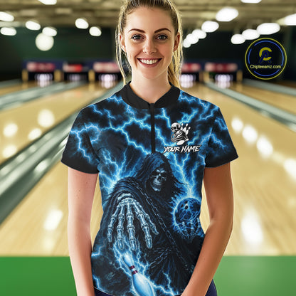 Woman wearing custom blue lightning Grim Reaper bowling team jersey polo shirt featuring blue lightning Grim Reaper artwork, back view.