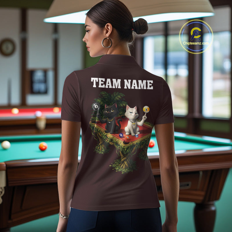 Red Funny Cat 8 Ball & 9 Ball Billiard Shirt For Women Custom Pool Team Jersey Polo & 1/4 Zip TDM7240