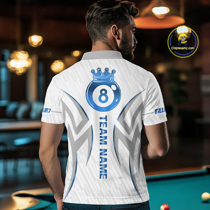 White And Blue Crown 8 Ball Men's Billiards Shirts Custom Billiard Jersey Team Polo & 1/4 Zip TDM5213