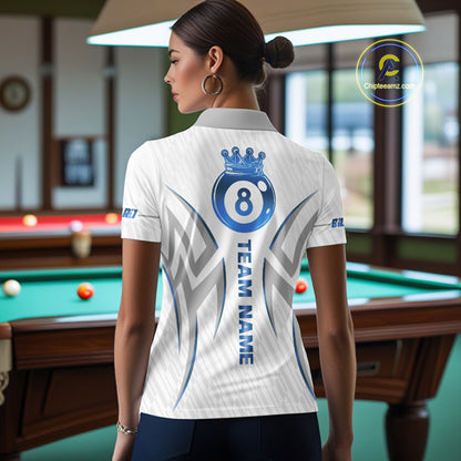 White And Blue Crown 8 Ball Women's Billiards Shirts Custom Billiard Jersey Team Polo & 1/4 Zip TDM5213