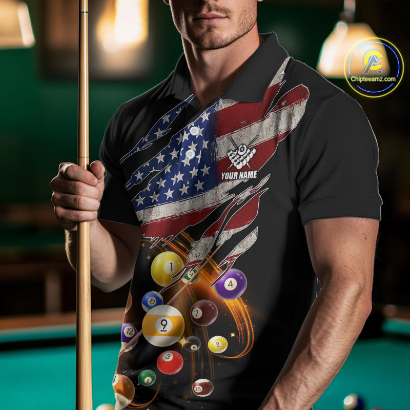 American Flag Pool Balls Billiard Shirt For Men Custom Patriotic Billiard Jersey Polo & 1/4 Zip TDM5730